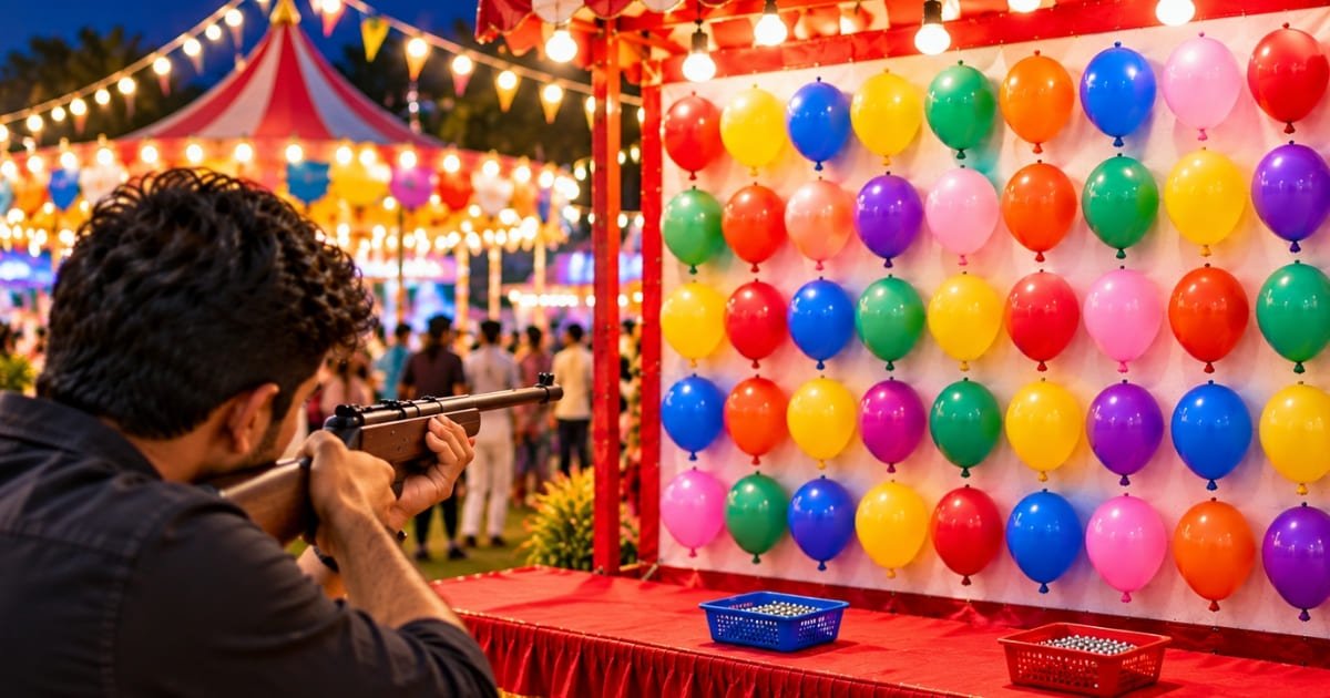 Game host refilling balloons on the shooting board between rounds