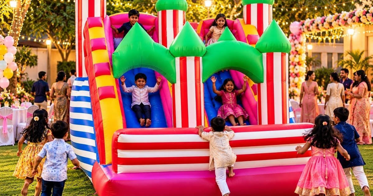 Bouncy castle with slide at an apartment community event in Whitefield, Bangalore