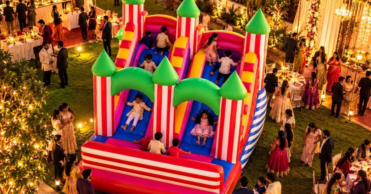 Bouncy castle with slide and balloon shooting game stall at an outdoor birthday party