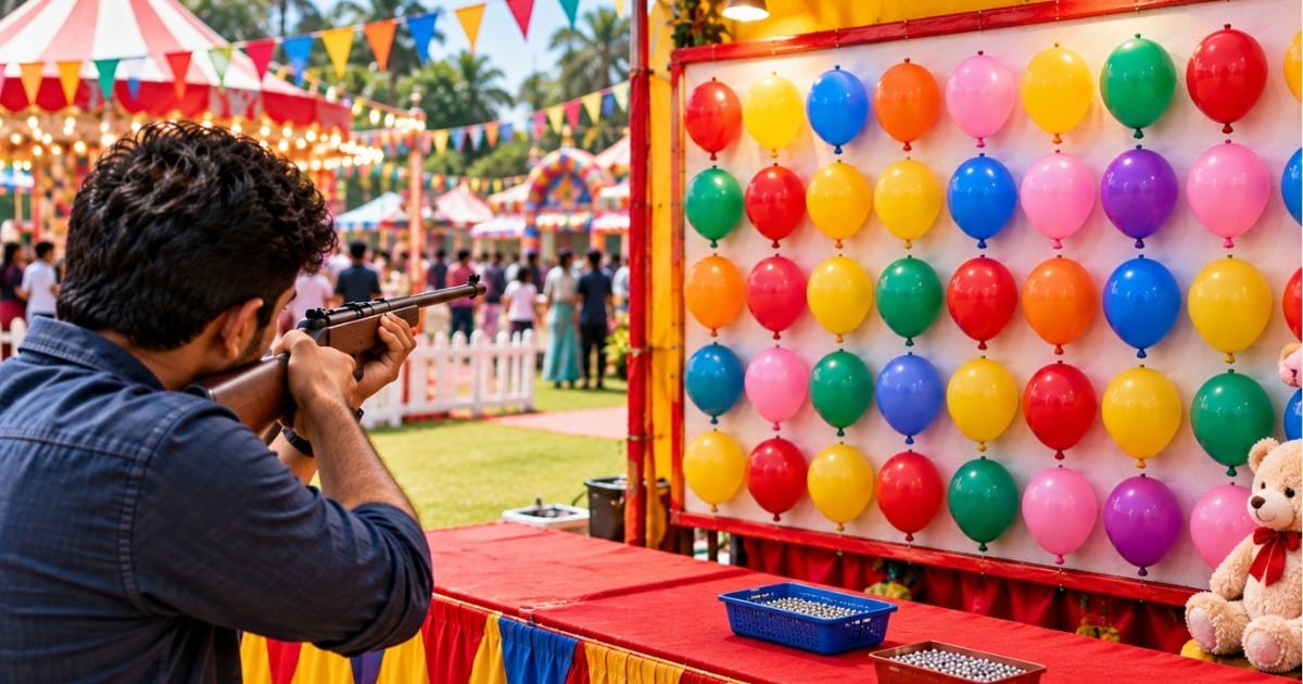 Carnival game zone with balloon shooting, hoopla and ball toss stalls at an apartment event