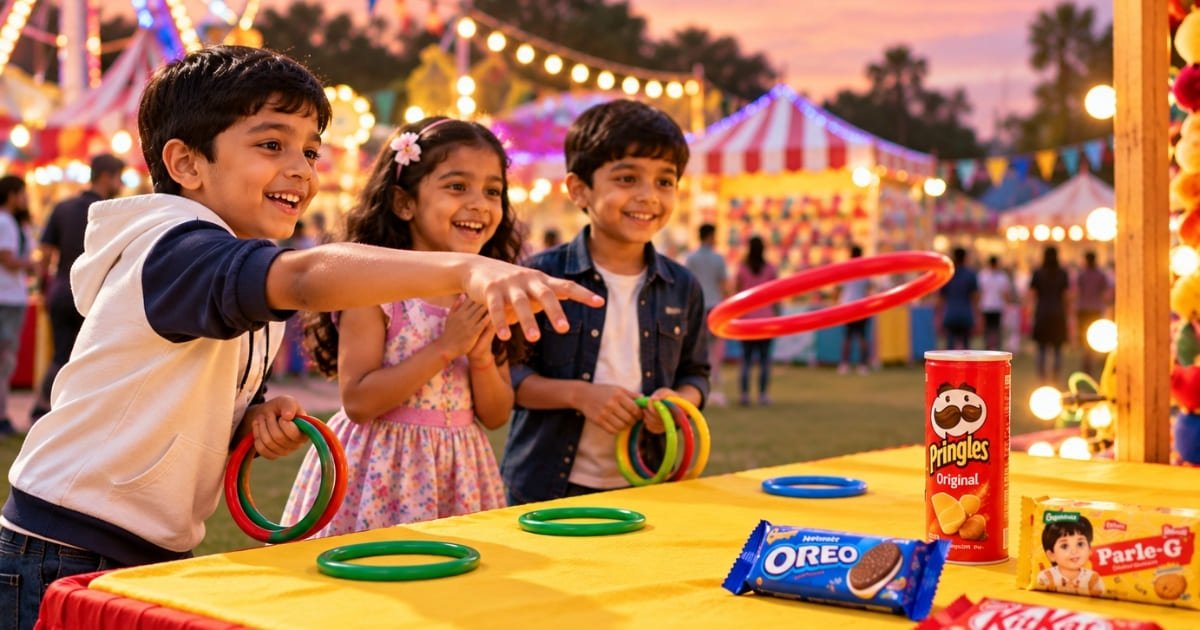 Carnival game zone with hoopla, ball toss and balloon shooting stalls at a kids’ party