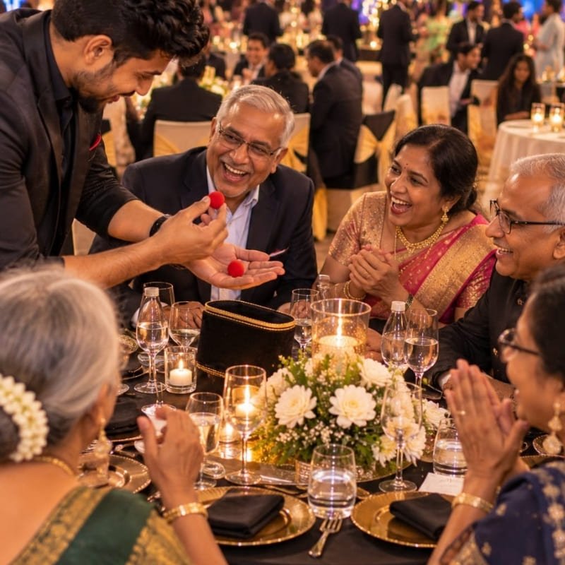 Close-up magician amazing colleagues at a corporate event in Bangalore