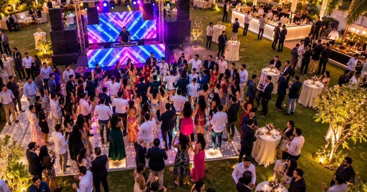 Professional DJ booth with sound system and LED lights at a corporate event.