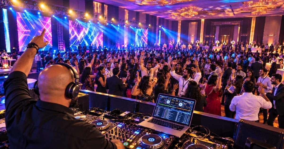 Employees dancing to a DJ at a Diwali office party in Bangalore