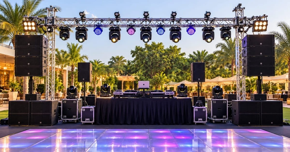 Guests dancing at a sangeet with a full DJ setup in Bangalore