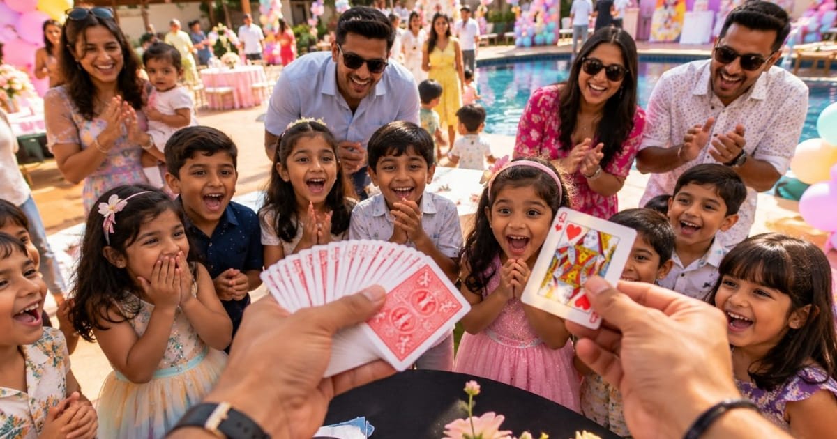 Table magician performing close-up magic for guests at a dinner party in Bangalore